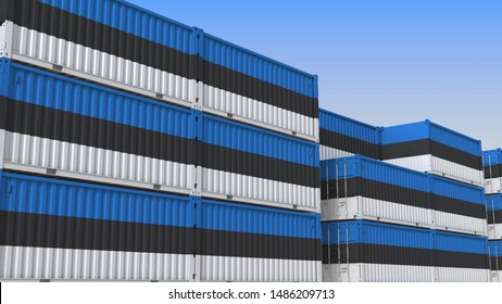 Container yard full of containers with flag of Estonia. Estonian export or import related 3D rendering