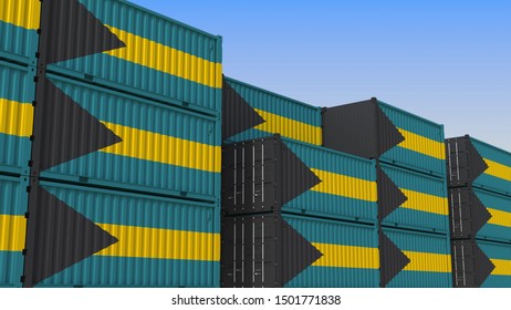 Container yard full of containers with flag of Bahamas. Bahamian export or import related 3D rendering
