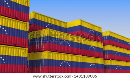 Container yard full of containers with flag of Venezuela. Venezuelan export or import related 3D rendering