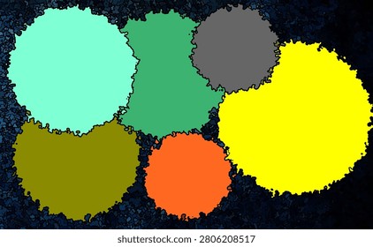 A contemplative abstract tableau of six irregular circles, rendered in hues of cyan, green, gray, yellow, olive, and orange upon a darkened ground. The jagged edges whisper of organic mystery, evoking cellular genesis and the quiet grandeur of unseen worlds.