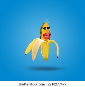 Contemporary Art Collage. Banana And Corn Concept. Glasses And Mouth. Modern Food Concept. Space For Text. Copy Space. Idea For An Advertisement.