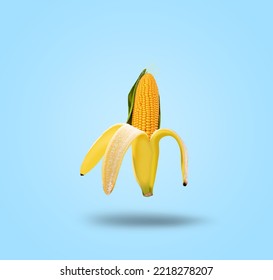 Contemporary Art Collage. Banana And Corn Concept. Modern Food Concept. Space For Text. Copy Space.