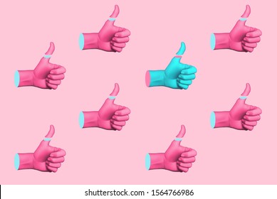 Contemporary Art Collage With Hands Showing Thumbs Up. Memphis Style Poster Concept. Minimal Art, 3d Illustration.