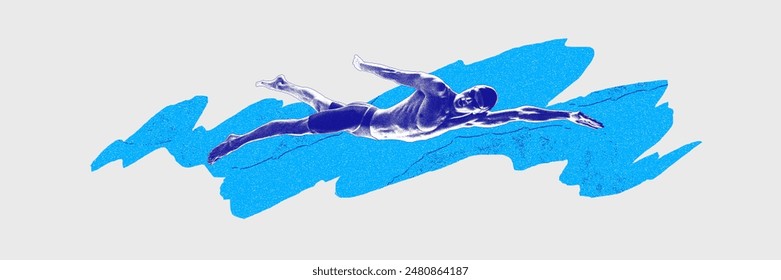 Contemporary art collage. Muscular athletic male, swimmer in cap and goggles swimming, training on white background with blue elements. Concept of sport, healthy and active lifestyle, creativity. - Powered by Shutterstock