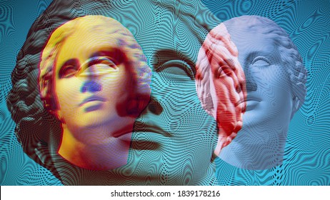 Contemporary art concept collage with antique statue head in a surreal style. Modern unusual art. Glitch effect, textured. Pop art. Zine culture for posters, banners, wallpaper.