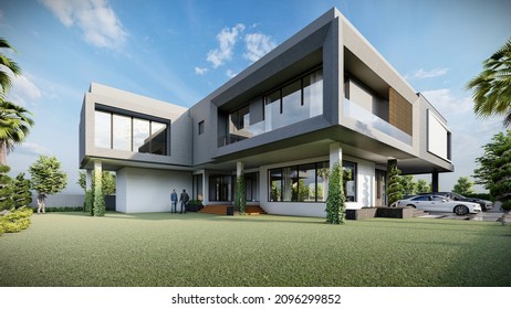 A Contemporary Artwork Of Landscape Modern Design Of Exterior, 3d Illustration Of Outdoor Luxury Property