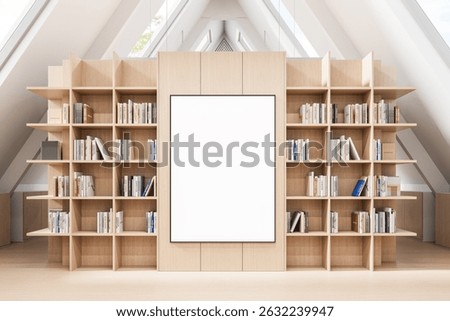 Contemporary attic library interior featuring wooden bookshelves filled with books, central blank frame, minimalist style, light background. 3D Rendering
