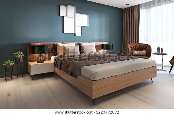 Contemporary Bedroom Dark Blue Walls Light Stock