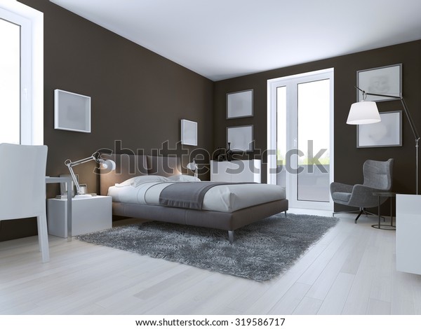 Contemporary Bedroom Design Taupe Matt Walls Stock