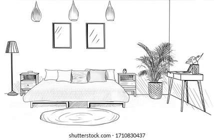 Contemporary bedroom with different furniture. Illustrated interior design - Shutterstock ID 1710830437