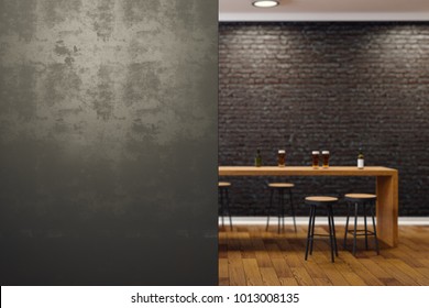 Contemporary black brick pub or bar interior with copy space on wall. Mock up, 3D Rendering 