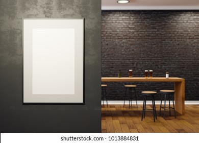 Contemporary black brick pub or bar interior with blank poster on wall. Mock up, 3D Rendering