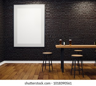 Contemporary Black Brick Pub Or Bar Interior With Blank Banner On Wall. Mock Up, 3D Rendering