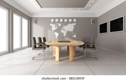 Contemporary  board room with wooden table,brown chair and world map on wall - 3D Rendering