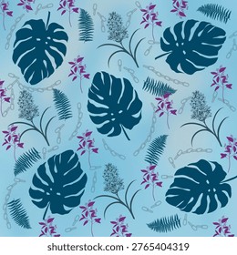A contemporary botanical pattern blending bold monstera leaves, delicate ferns, and subtle floral accents on a soothing blue backdrop.
The interplay of organic shapes and soft chain motifs creates a modern yet calming visual rhythm.