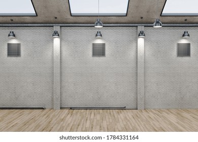 Contemporary Brick Warehouse Interior With Wooden Floor And Blank Wall. Design And Style Concept. Mock Up, 3D Rendering