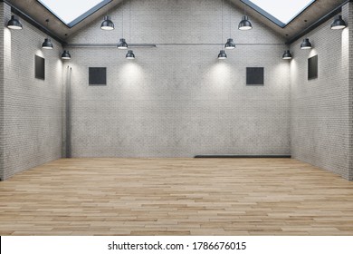 Contemporary Brick Warehouse Interior With Wooden Floor. Design And Style Concept. Mock Up, 3D Rendering