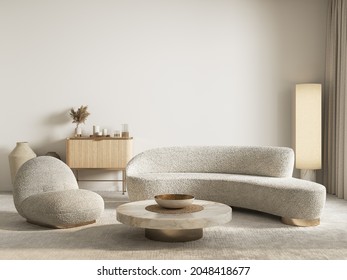 Contemporary classic white beige interior with furniture and decor. 3d render illustration mockup.