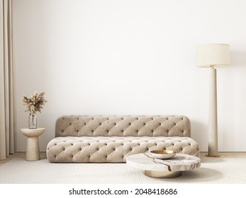 Contemporary Classic White Beige Interior With Sofa And Decor. 3d Render Illustration Mockup.