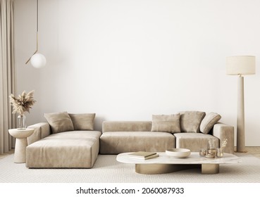 Contemporary classic white interior with sofa, lamps and decor. 3d render illustration mockup.