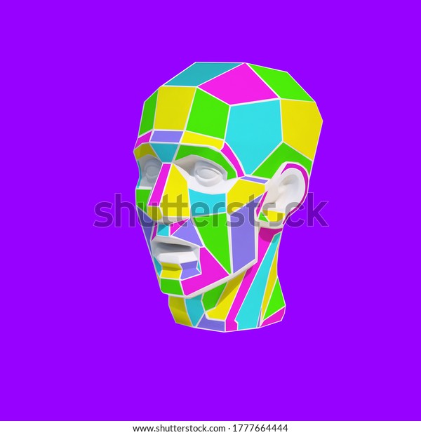 Contemporary collage. 3d illustration. A\
sculpture of the head of a man who is divided into bright\
multi-colored sections on a purple\
background