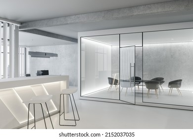 Contemporary Concrete And Glass Office Interior. Commercial Workplace, Law And Legal Concept. 3D Rendering