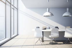 Contemporary Concrete Office Interior With City View, Daylight, Furniture And Equipment. 3D Rendering
