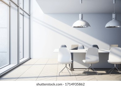 Contemporary concrete office interior with city view, daylight, furniture and equipment. 3D Rendering