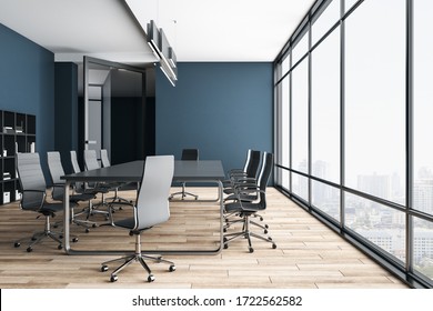 Contemporary conference room interior with city view. Workplace and company concept. 3D Rendering