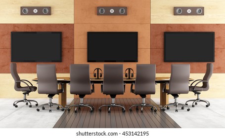 Contemporary Conference Room With Meeting Table,chair And Led Monitor On Wall - 3d Rendering