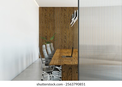 Contemporary conference room with wood panel walls, glass partition, modern design, sleek furniture, and a minimalist workspace concept. 3D Rendering.