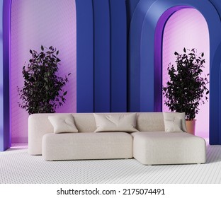 Contemporary Design Room With White Sofa On Mosaic Tiled Floor, Blue Arhces With Cove Lighting And Pink Wall, 3d Rendering