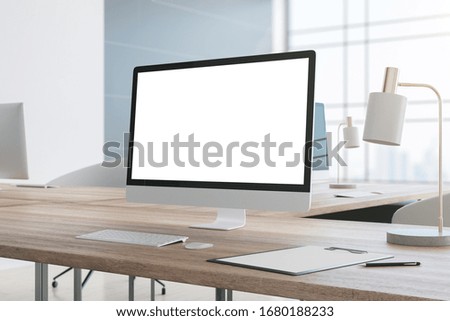 Contemporary desktop with empty personal computer screen. Workplace and lifestyle concept. Mock up, 3D Rendering