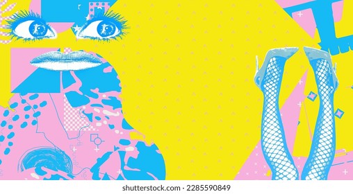 Contemporary digital collage art. Modern trippy design. Funny absurd face, woman legs and abstract creative background - Powered by Shutterstock