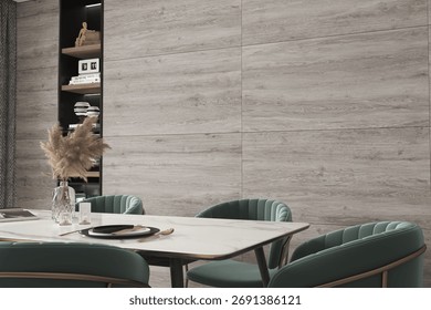 Contemporary dining area interior setup for guest featuring tiled walls and modern quartz elements, six chairs and center table. 3D Rendering