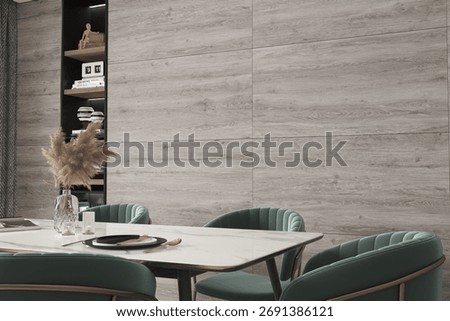Contemporary dining area interior setup for guest featuring tiled walls and modern quartz elements, six chairs and center table. 3D Rendering