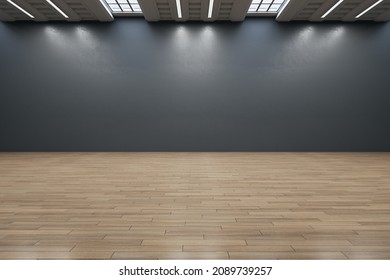 Contemporary Empty Dark Black Wall Gallery Interior With Mock Up Place And Reflections On Wooden Parquet Flooring. Art, No People, Museum And Exhibition Concept. 3D Rendering