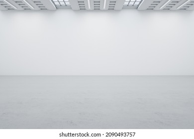 Contemporary Empty White Concrete Gallery Interior With Mock Up Place On Wall. Art, No People, Museum And Exhibition Concept. 3D Rendering