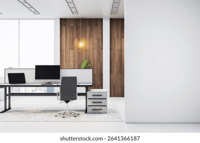 Contemporary executive office with modern furniture, stylish workspace setup, wooden panel wall, white blank wall for poster mockup. 3D Rendering