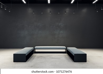 Contemporary Exhibition Hall With Copy Space On Wall And Bench. Gallery, Art, Exhibit And Museum Concept. Mock Up, 3D Rendering 