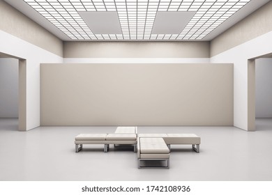 Contemporary exhibition hall interior with copyspace on concrete wall and bench.  Gallery and presentation concept.  Mock up, 3D Rendering