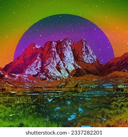 Contemporary futuristic neon collage art, space landscape, planets mountains duo tone effect, vaporwave cyberpunk webpunk vintage style art, music album cover colourful surreal style poster scenery - Powered by Shutterstock