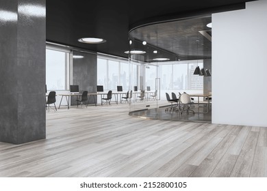 Contemporary Glass Coworking Office Interior With Wooden Flooring. Meeting Room And Hallway Concept. 3D Rendering