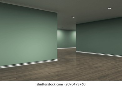 Contemporary Gray Gallery Interior With Blank Mock Up Place On Wall And Reflections On Wooden Flooring. Art, No People, Museum And Exhibition Concept. 3D Rendering