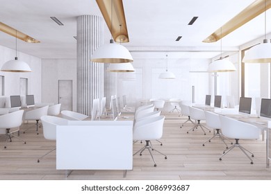 Contemporary Industrial Coworking Loft Office Interior With Furniture, Computer Monitors, Wooden, Flooring And Window With City View And Daylight. Workplace And No People Concept. 3D Rendering