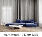 Contemporary interior with blue sofa, marble coffee tables, silver curtains, tulle and wood chevron floor. 3d render illustration mockup.