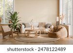 Contemporary interior design of the living room in soft neutral tones. Interior mockup, 3d render	