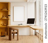 A contemporary interior featuring a blank wall frame mockup and a clean workspace with a desktop computer for a modern work from home and productivity lifestyle scene. 3D illustration