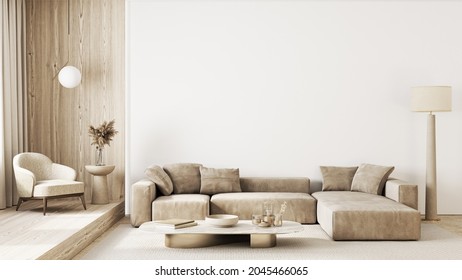 Contemporary  interior with sofa, armchair and decor. 3d render illustration mockup.