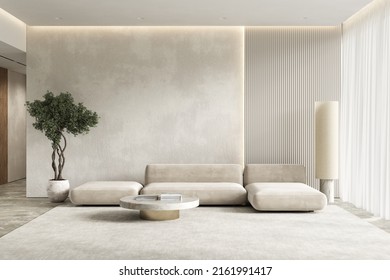Contemporary Interior With Sofa, Wall Panel And Decor. 3d Render Illustration Mockup.